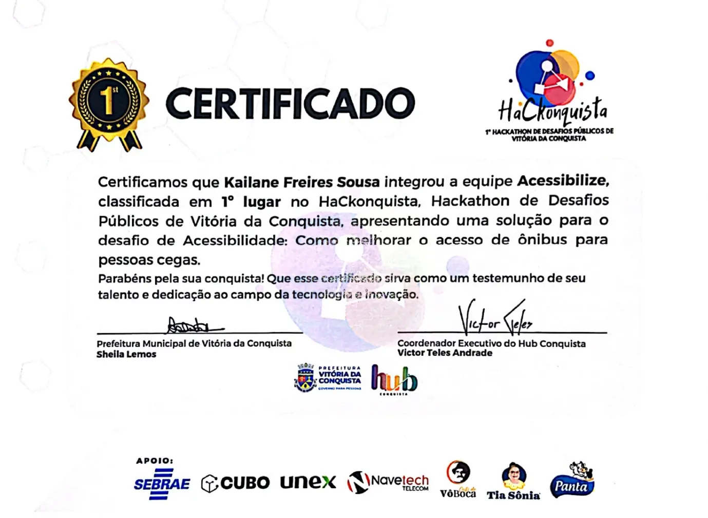 Certificado: Hackonquista PMVC (1º lugar)
