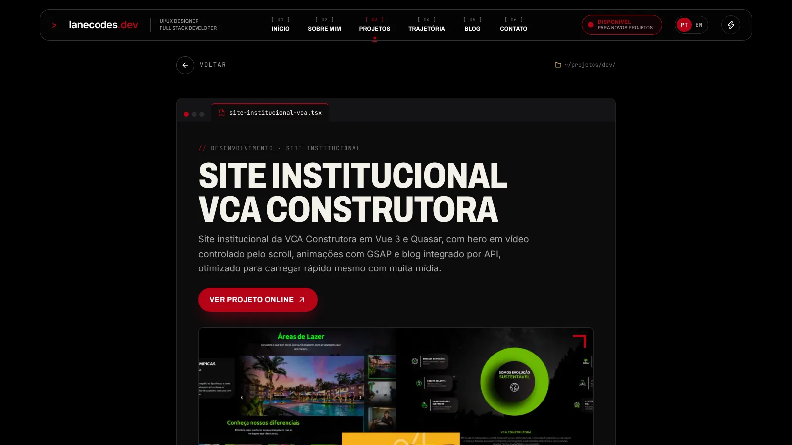 Página de projeto em formato de IDE